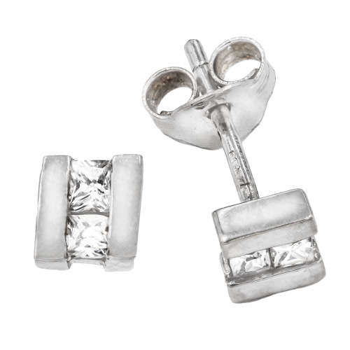 9ct WHITE GOLD ENGLISH STUD EARRINGS WITH CUBIC ZIRCONIA