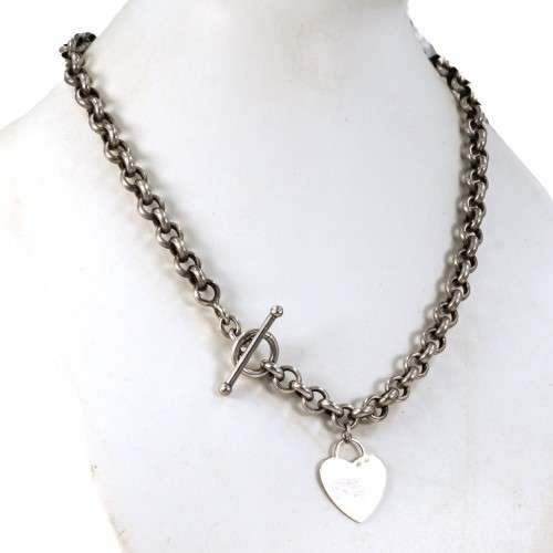 CLASSIC COLLECTABLE HEAVY STERLING SILVER BELCHER LINK NECKLACE. HEART CHARM AND TOGGLE CLOSURE