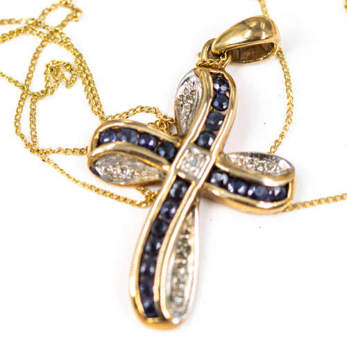 9CT YELLOW & WHITE GOLD DIAMOND AND DEEP BLUE SAPPHIRE MODERN CROSS NECKLACE