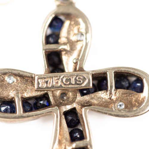 9CT YELLOW & WHITE GOLD DIAMOND AND DEEP BLUE SAPPHIRE MODERN CROSS NECKLACE