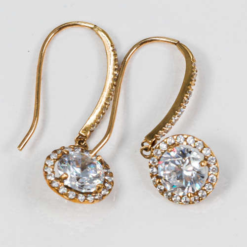 GORGEOUS VINTAGE CUBIC ZIRCONIA 9CT YELLOW GOLD DROP & DANGLE EARRINGS w/ R7`500 CERT