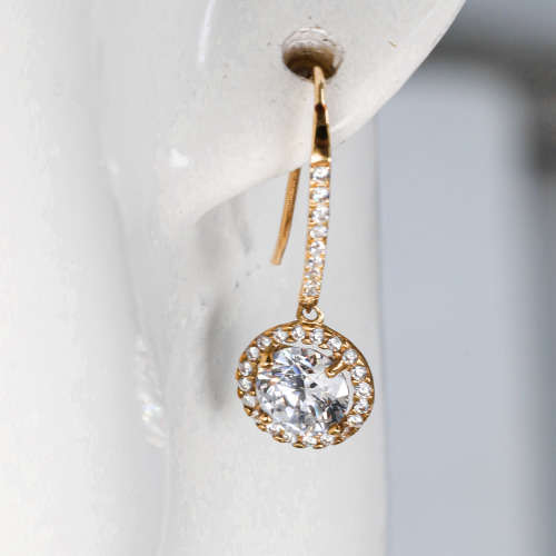 GORGEOUS VINTAGE CUBIC ZIRCONIA 9CT YELLOW GOLD DROP & DANGLE EARRINGS w/ R7`500 CERT