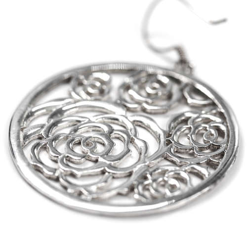 SHOWY ROSE DETAIL OPENWORK STERLING SILVER DROP & DANGLE EARRINGS. 925