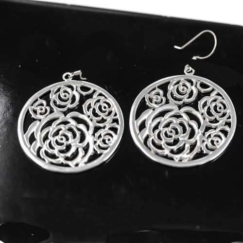 SHOWY ROSE DETAIL OPENWORK STERLING SILVER DROP & DANGLE EARRINGS. 925