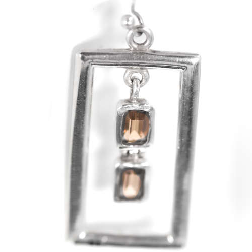 STRIKING GEOMETRIC DESIGN NATURAL SMOKY TOPAZ STERLING SILVER 5cm DROP & DANGLE EARRINGS