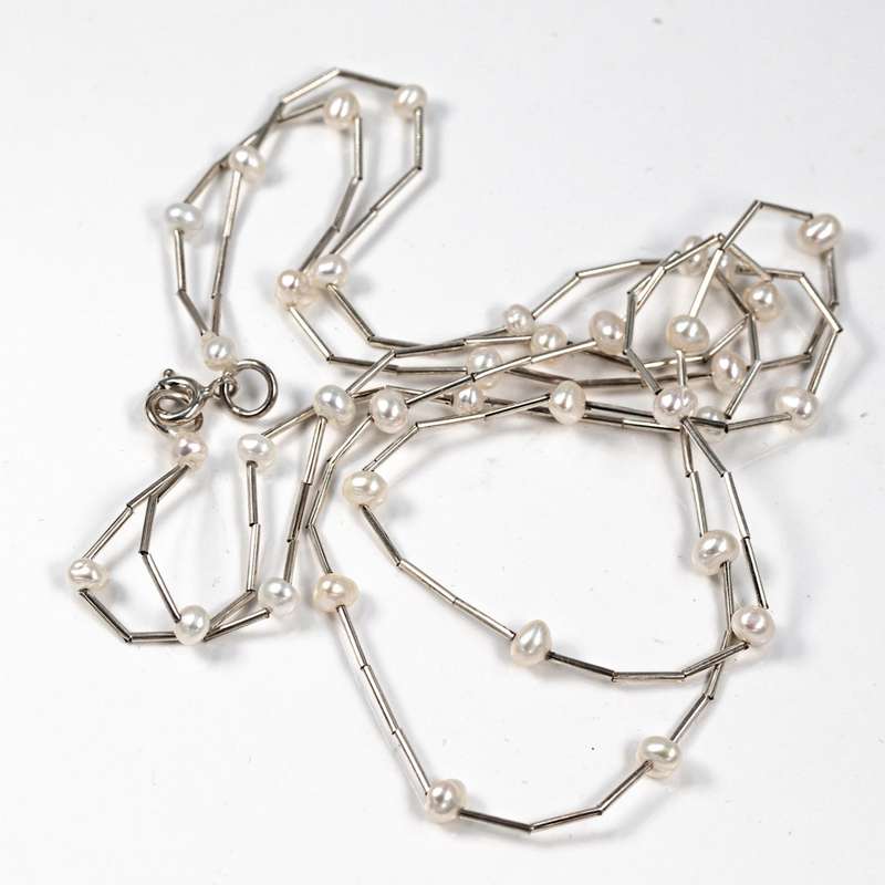 NATURAL PEARL STERLING SILVER DOUBLE STRAND "LIQUID SILVER" NECKLACE