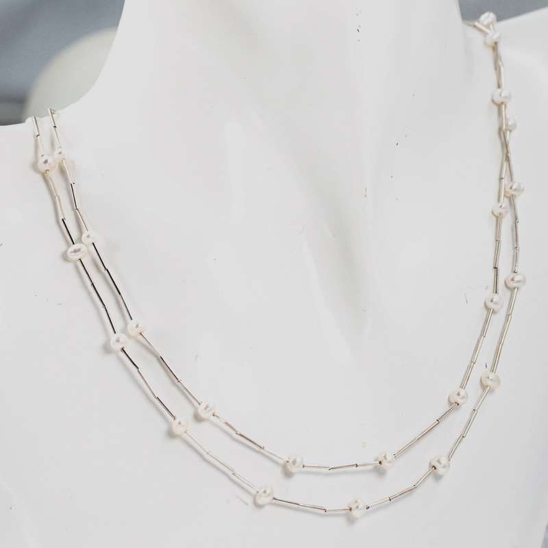 NATURAL PEARL STERLING SILVER DOUBLE STRAND "LIQUID SILVER" NECKLACE