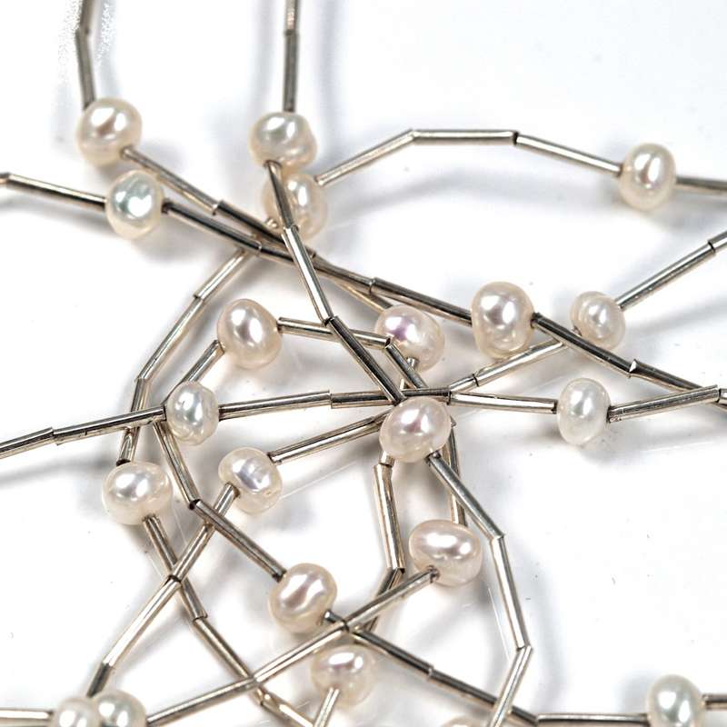 NATURAL PEARL STERLING SILVER DOUBLE STRAND "LIQUID SILVER" NECKLACE
