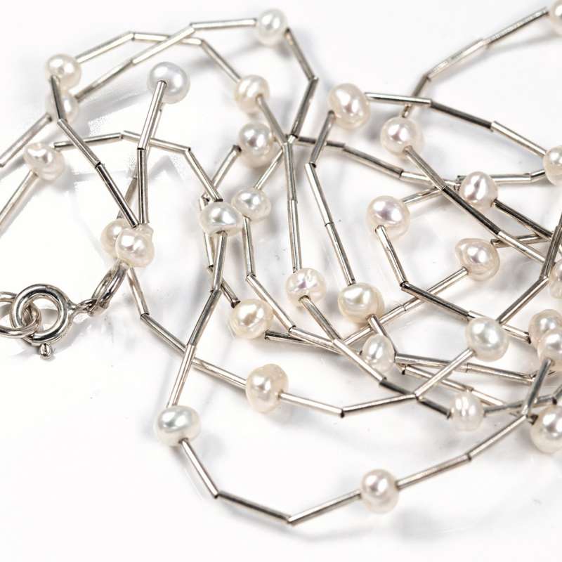 NATURAL PEARL STERLING SILVER DOUBLE STRAND "LIQUID SILVER" NECKLACE