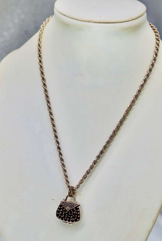 VINTAGE `HANDBAG` PENDANT NECKLACE IN STERLING SILVER WITH BOHEMIAN GARNETS