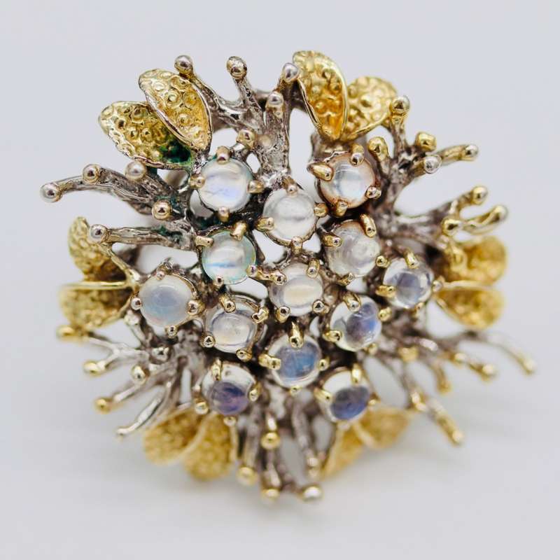 HANDCRAFTED VINTAGE FIRE OPAL CLUSTER STERLING SILVER RING WITH GILDED ACCENTS. 925