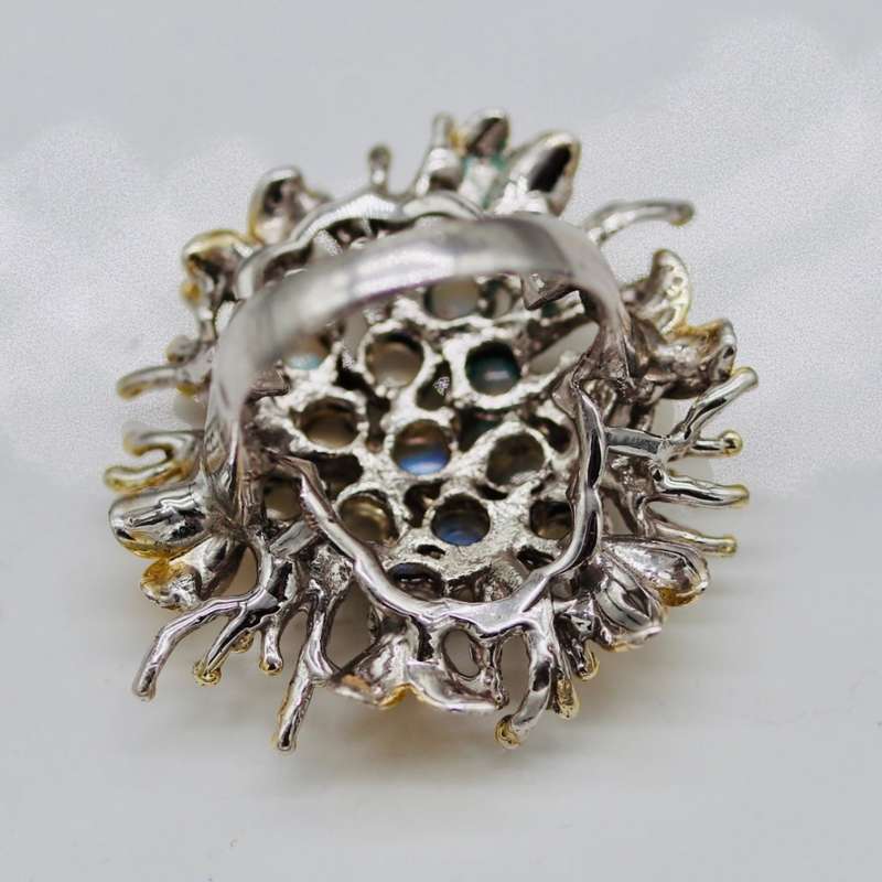 HANDCRAFTED VINTAGE FIRE OPAL CLUSTER STERLING SILVER RING WITH GILDED ACCENTS. 925