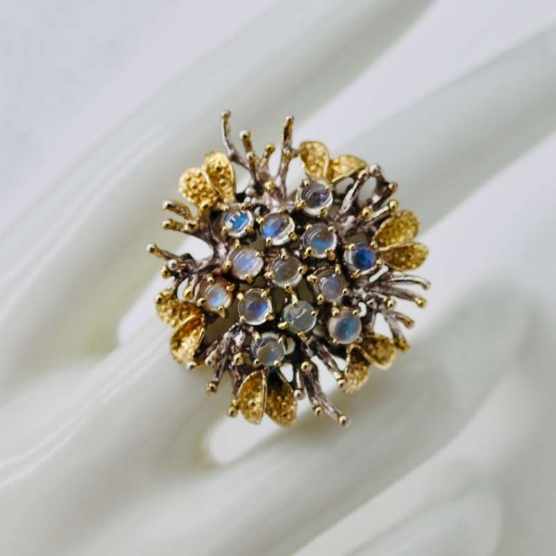HANDCRAFTED VINTAGE FIRE OPAL CLUSTER STERLING SILVER RING WITH GILDED ACCENTS. 925