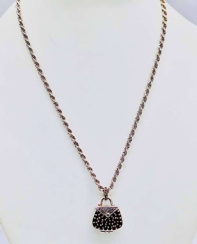 VINTAGE `HANDBAG` PENDANT NECKLACE IN STERLING SILVER WITH BOHEMIAN GARNETS