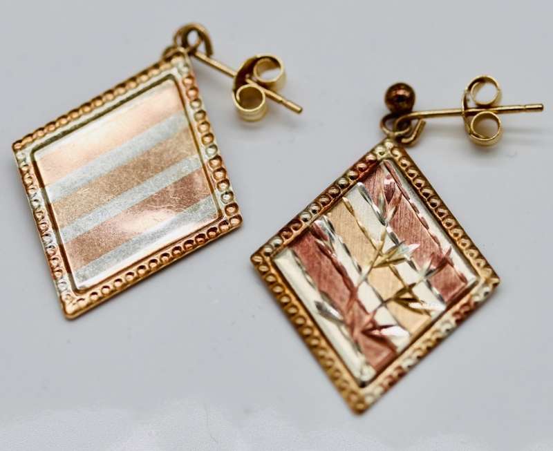VINTAGE TRI-COLOUR GOLD-GILD STERLING SILVER DROP & DANGLE EARRINGS. 925