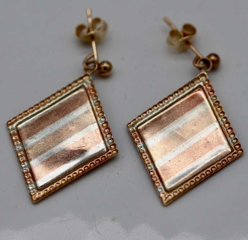 VINTAGE TRI-COLOUR GOLD-GILD STERLING SILVER DROP & DANGLE EARRINGS. 925
