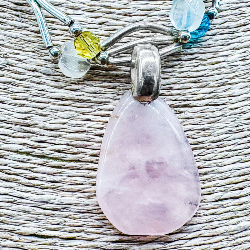 HANDCRAFTED NATURAL GEMSTONE STERLING SILVER LIQUID BEAD NECKLACE w/ROSE QUARTZ PENDANT