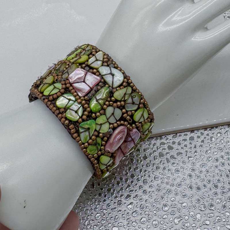 NATURAL MOTHER OF PEARL - PINK & GREEN - HANEDCRAFTED BANGLE ON HEAVY BRAID BASE