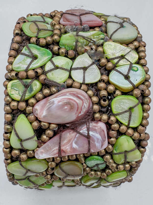 NATURAL MOTHER OF PEARL - PINK & GREEN - HANEDCRAFTED BANGLE ON HEAVY BRAID BASE