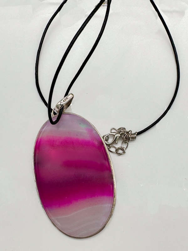 LARGE NATURAL EARTH-MINED PINK AGATE PENDANT IN STERLING SILVER ON THONG