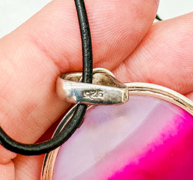 LARGE NATURAL EARTH-MINED PINK AGATE PENDANT IN STERLING SILVER ON THONG