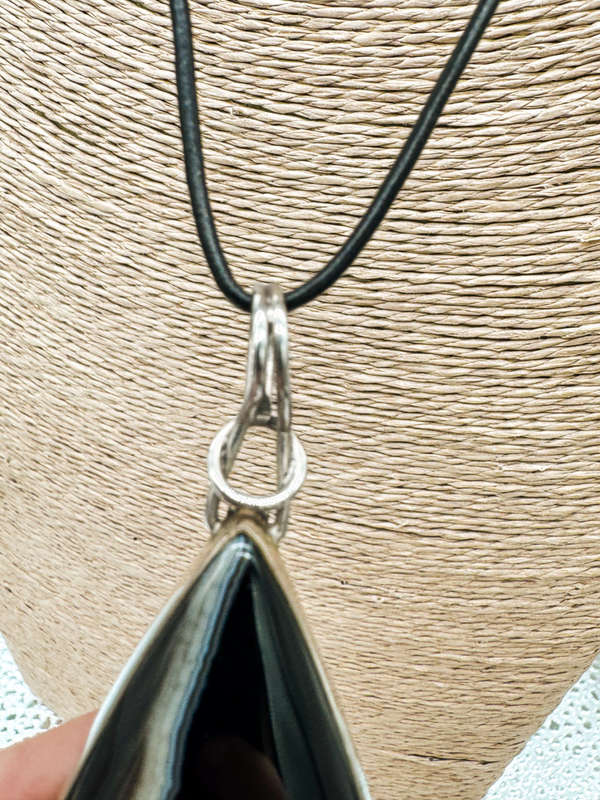 LARGE NATURAL EARTH-MINED BLACK AGATE PENDANT IN STERLING SILVER ON THONG