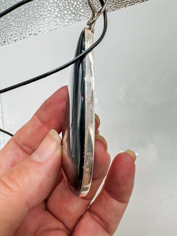 LARGE NATURAL EARTH-MINED BLACK AGATE PENDANT IN STERLING SILVER ON THONG