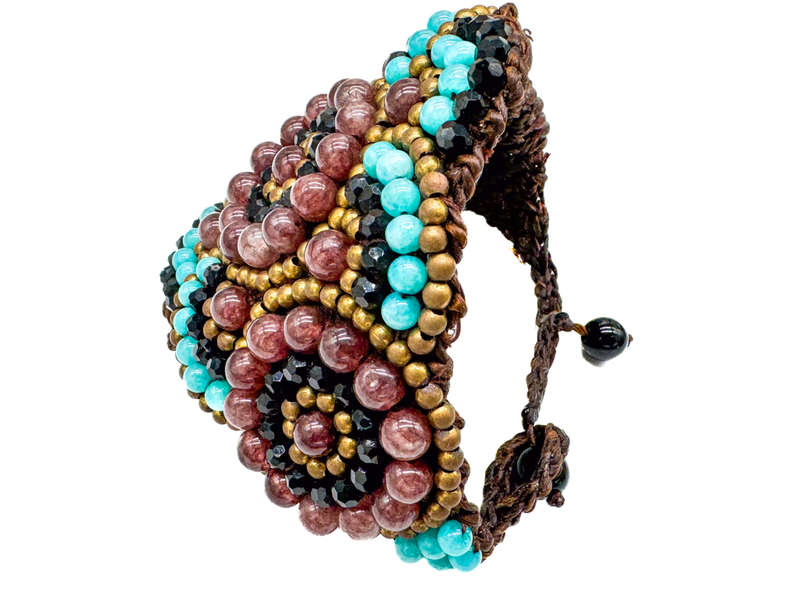 HANDCRAFTED - UNUSUAL TURQUOISE & AGATE GEMSTONE BEADS ON HEAVY BRAIDED BASE