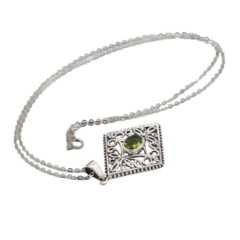 NATURAL PERIDOT STERLING SILVER PENDANT NECKLACE WITH INTRICATE OPENWORK DETAIL