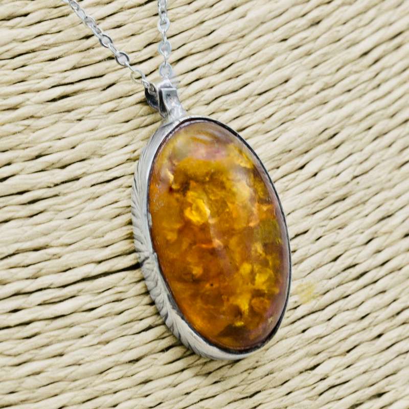 HONEY HUE NATURAL AMBER SOLID STERLING SILVER PENDANT NECKLACE