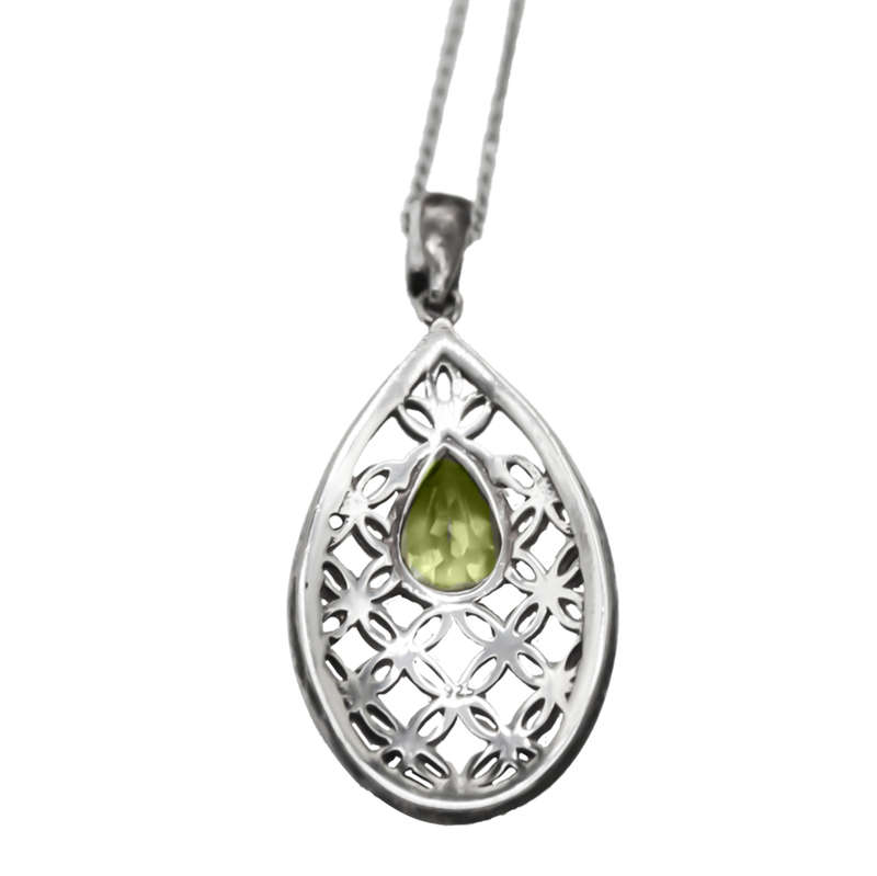 NATURAL PERIDOT STERLING SILVER PENDANT NECKLACE WITH INTRICATE OPENWORK DETAIL