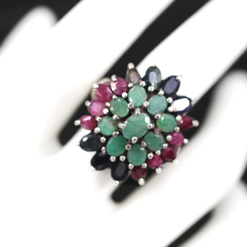 LARGE SOLID STERLING SILVER RING WITH NATURAL ORGANIC EMERALD, RUBY AND SAPPHIRE GEMSTONES