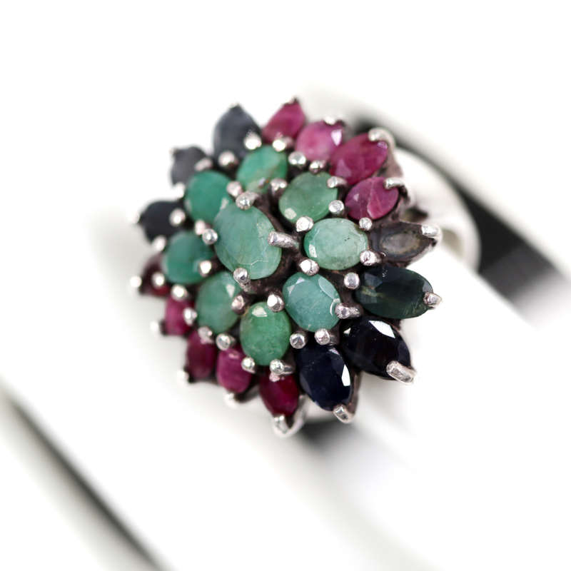 LARGE SOLID STERLING SILVER RING WITH NATURAL ORGANIC EMERALD, RUBY AND SAPPHIRE GEMSTONES