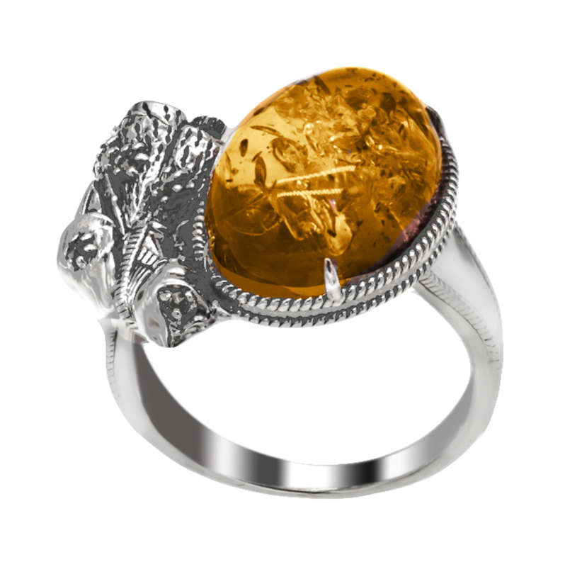 HANDCRAFTED NATURAL BALTIC AMBER STERLING SILVER RING WITH JAPANESE KIMONO CAT DESIGN FEATURE