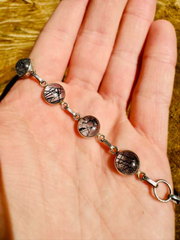 NATURAL RUTILILATED QUARTZ GEMSTONE SOLID STERLING SILVER CHAIN BRACELET  925