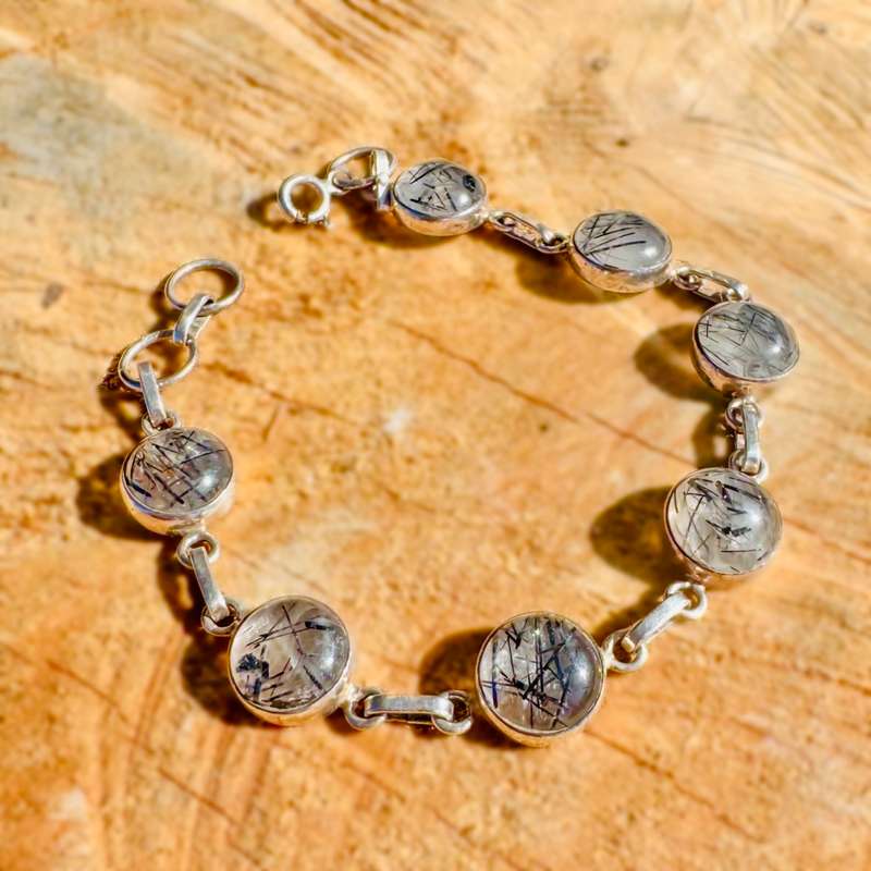 NATURAL RUTILILATED QUARTZ GEMSTONE SOLID STERLING SILVER CHAIN BRACELET  925
