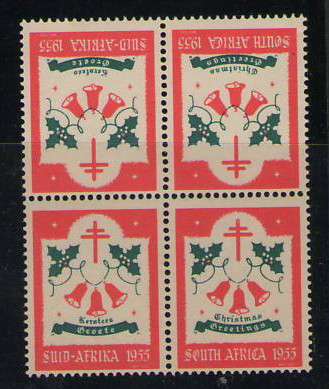 SOUTH AFRICA CHRISTMAS STAMPS 1955 TETE-BECHE BLOCK OF 4 UMM