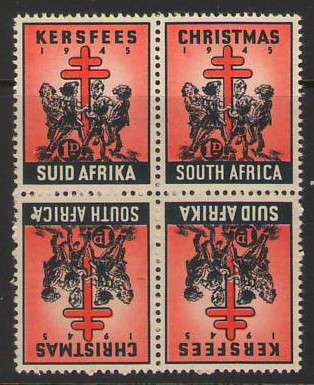 SOUTH AFRICA CHRISTMAS STAMPS 1945 TETE-BECHE BLOCK OF 4 UMM