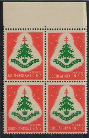SOUTH AFRICA CHRISTMAS STAMPS 1952 MARGINAL BLOCK OF 4 UMM