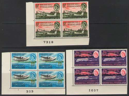 RHODESIA & NYASALAND 1ST LONDON AIRMAIL SET IN NUMERED BLOCKS OF 4 UMM CV R1800