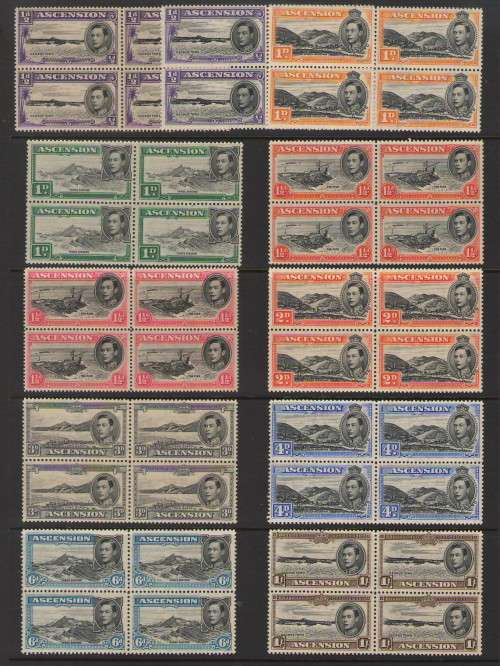 ASCENSION KGV1 1938 DEF SET TO 1/- IN BLOCKS OF 4 UMM