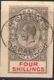 GIBRALTAR KEV11 1907 -1912 4/- SUPERB USED ON PIECE CV R2000