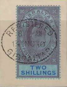 GIBRALTAR KEV11 1907 -1912 2/- SUPERB USED ON PIECE CV R1000