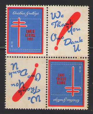 SOUTH AFRICA CHRISTMAS STAMPS 1961 TETE-BECHE BLOCK OF 4 UMM