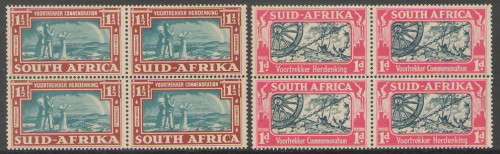 VOORTREKKER MEM FUND BLOCKS OF 4 LIGHTLY MOUNTED ON 1 STAMP AT THE TOP