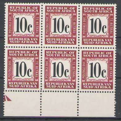 POSTAGE DUE 1969-71 SACC61H 10C BLOCK OF 6 UMM CV R390