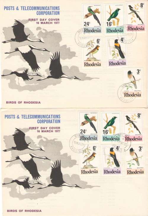 RHODESIA 1977 FDC BIRDS 2ND ISSUE VARIETY MISPLACED STAMP