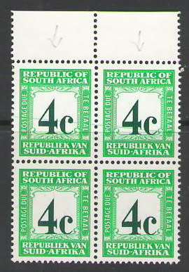 POSTAGE DUE PD52A 1962-69 4C BLOCK/4 COA WMK UMM VARIETY MAJOR SHIFT OF PRINTING + GREEN LINE