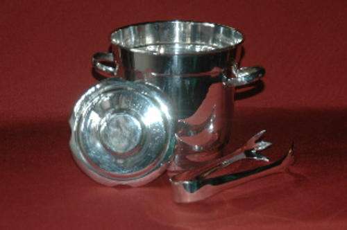 Ice bucket and tongs plus drainage base plate. Louis plate EPNS. 14cm tall.