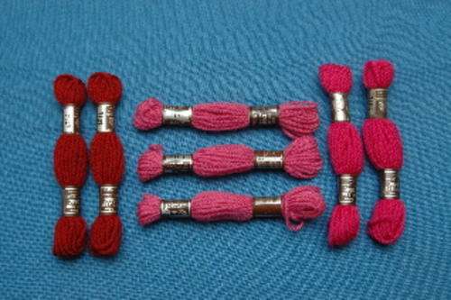 DMC tapestry wool 7 skeins asstd (rusty red, bright pink, medium pink)